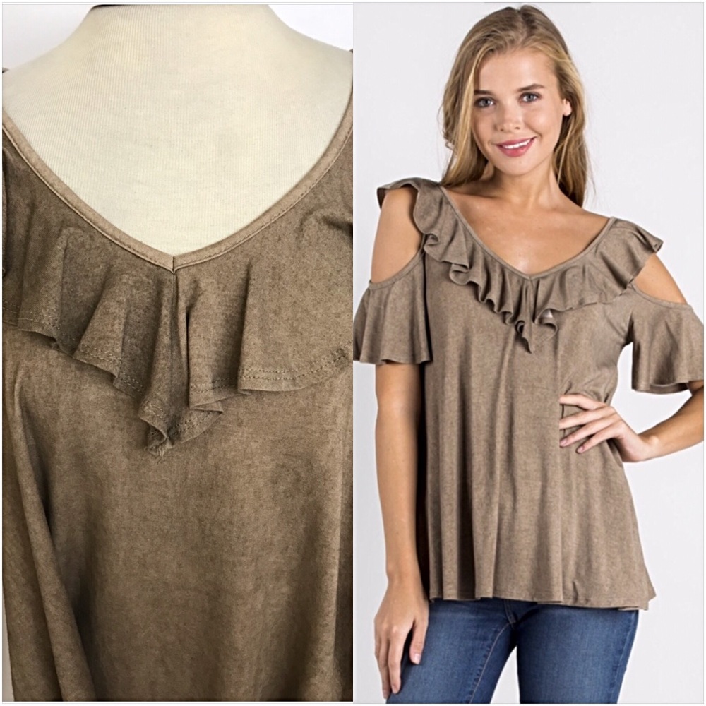 Boho Ruffle Flowy V-Neck Cold Shoulder Top S/M - Picture 3 of 6